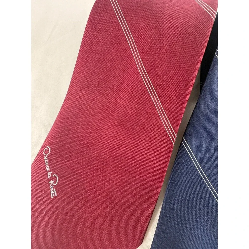 Lot of 2 Vintage Oscar de la Renta Pinstripe Silk Neck Ties Set Burgundy Navy